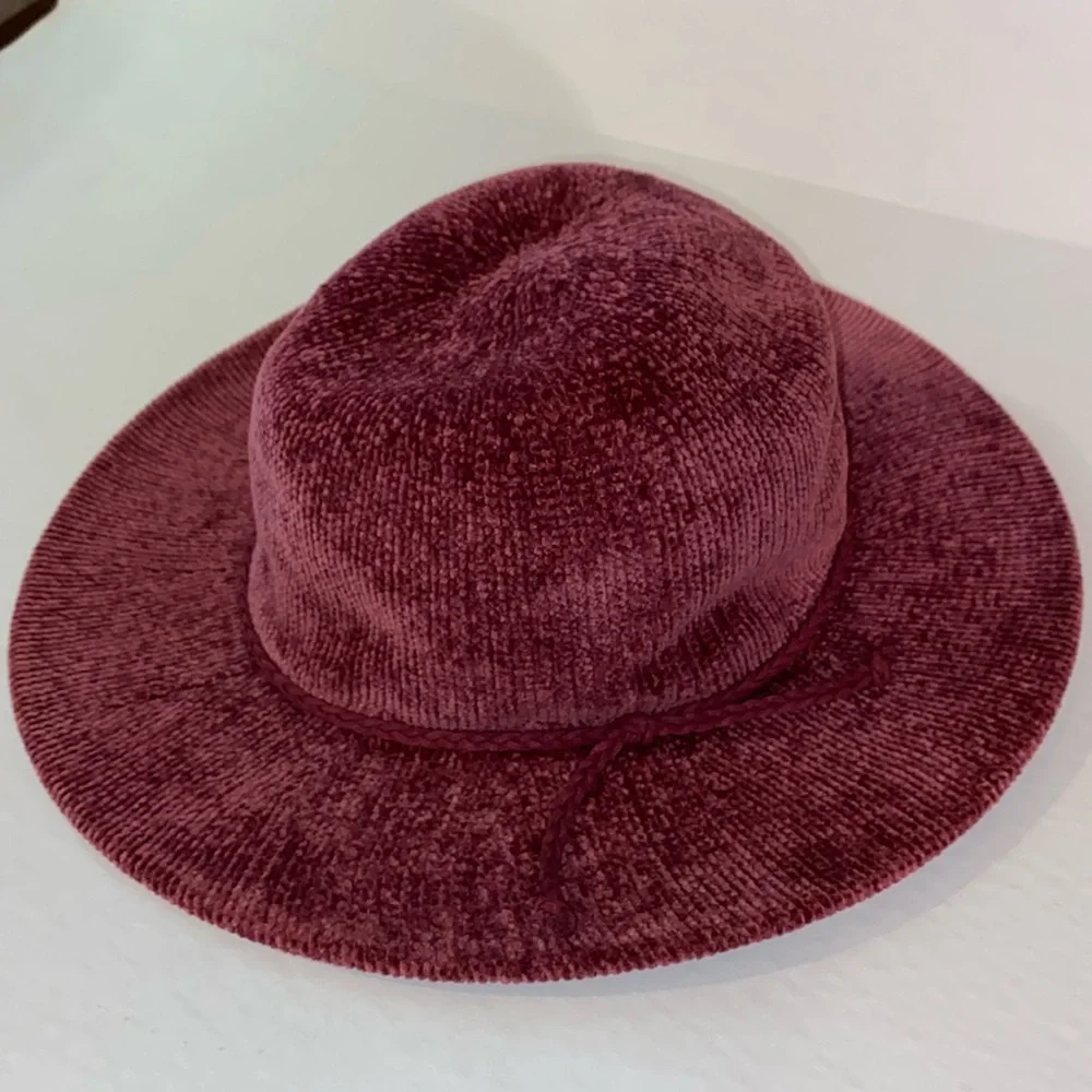 Women’s Burgundy Soft Corduroy Braided Rope Fedora Hat Adjustable Size OS